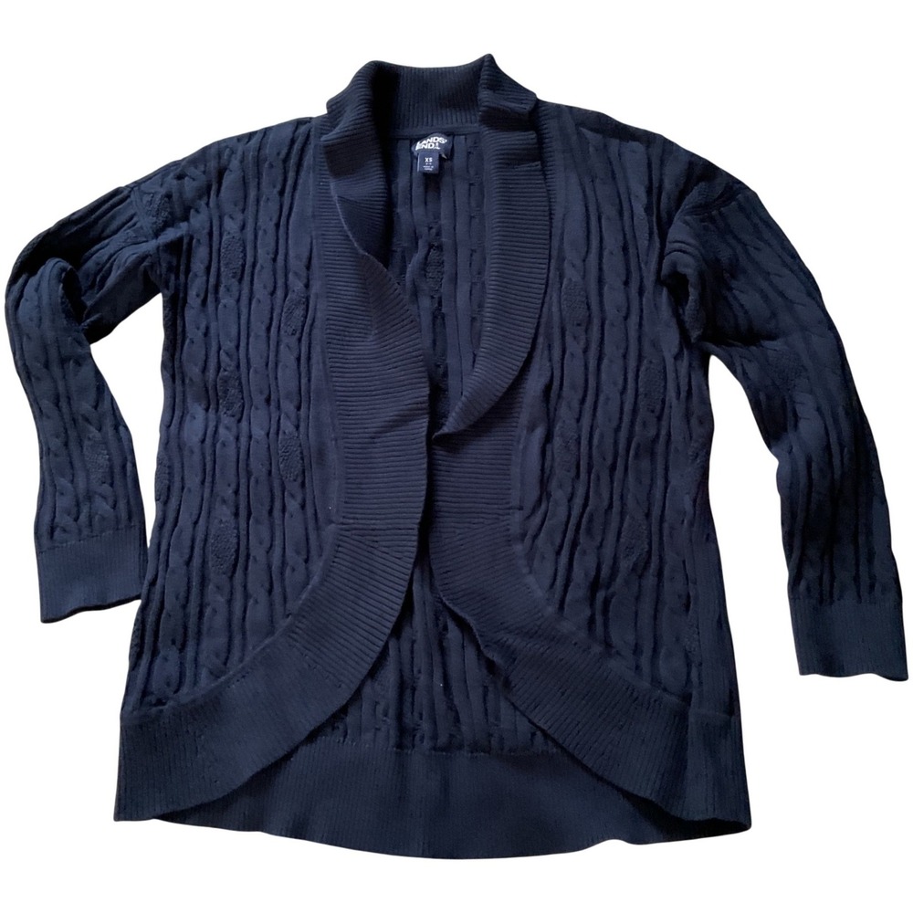 Lands End Womens XS‎ Blue Cable Knit Open Front Shawl Collar Cardigan Sweater